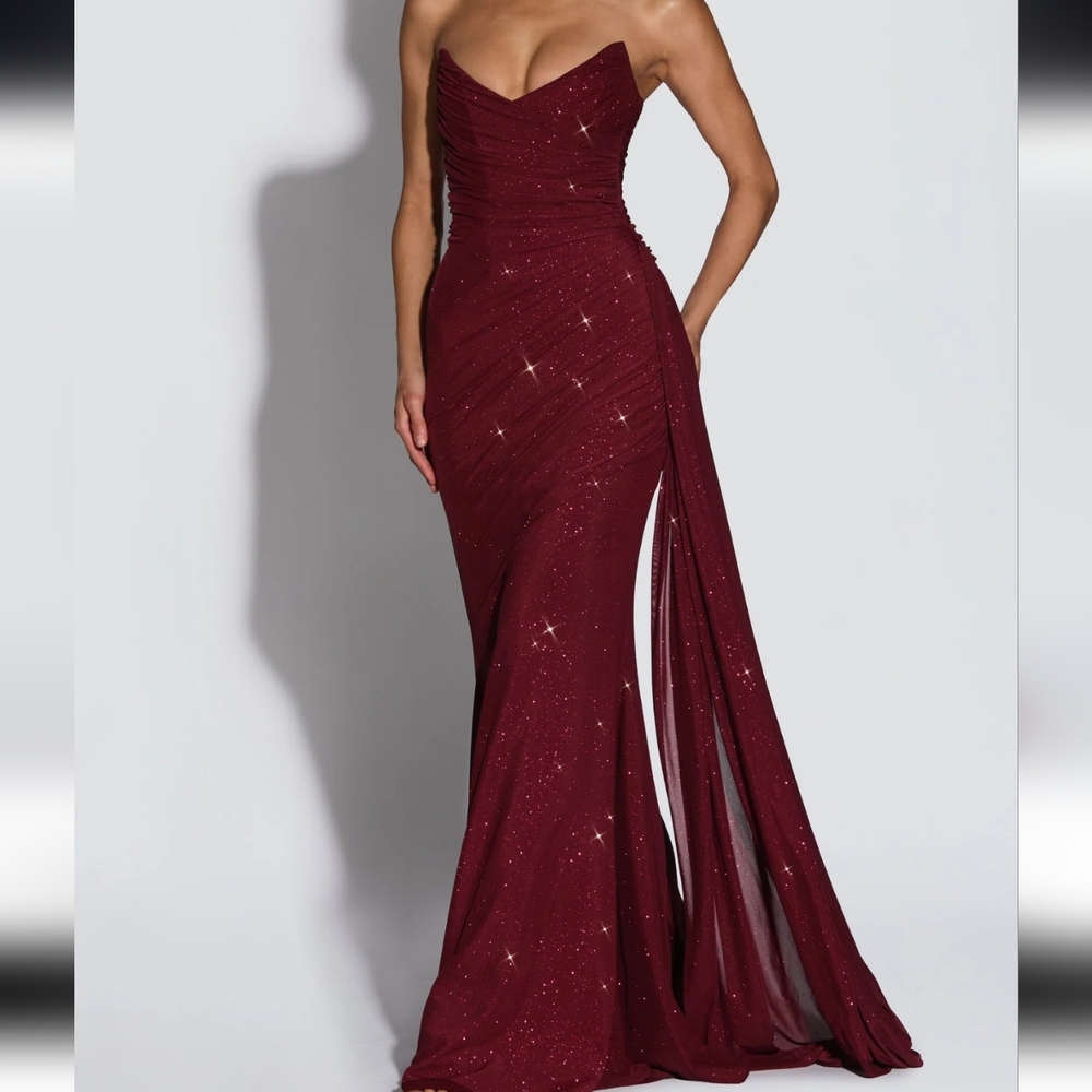 Strapless Burgundy Sparkle Evening Gown - Picture 3 of 9